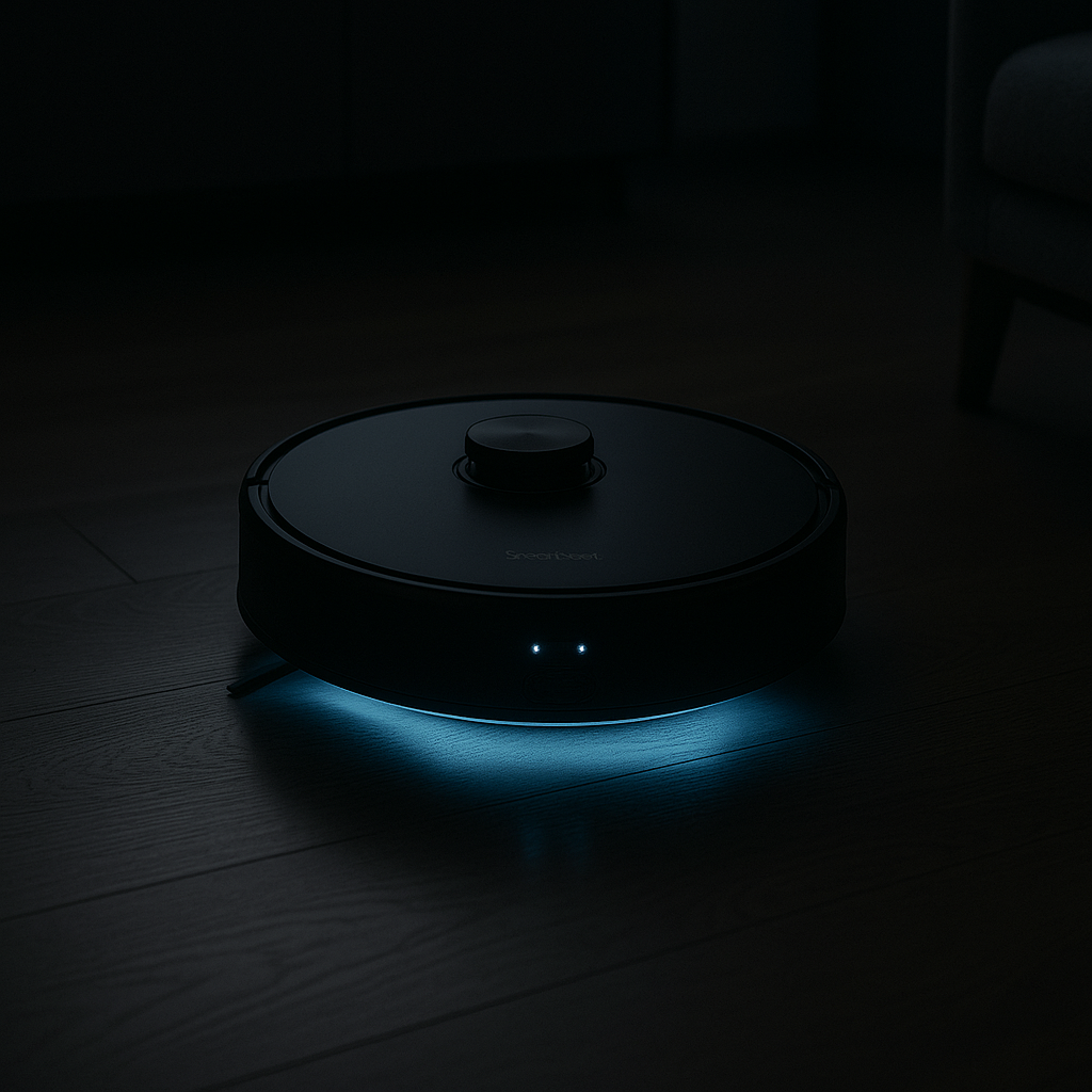 SmartNest L8 robot vacuum cleaning quietly at night with LED glow.
