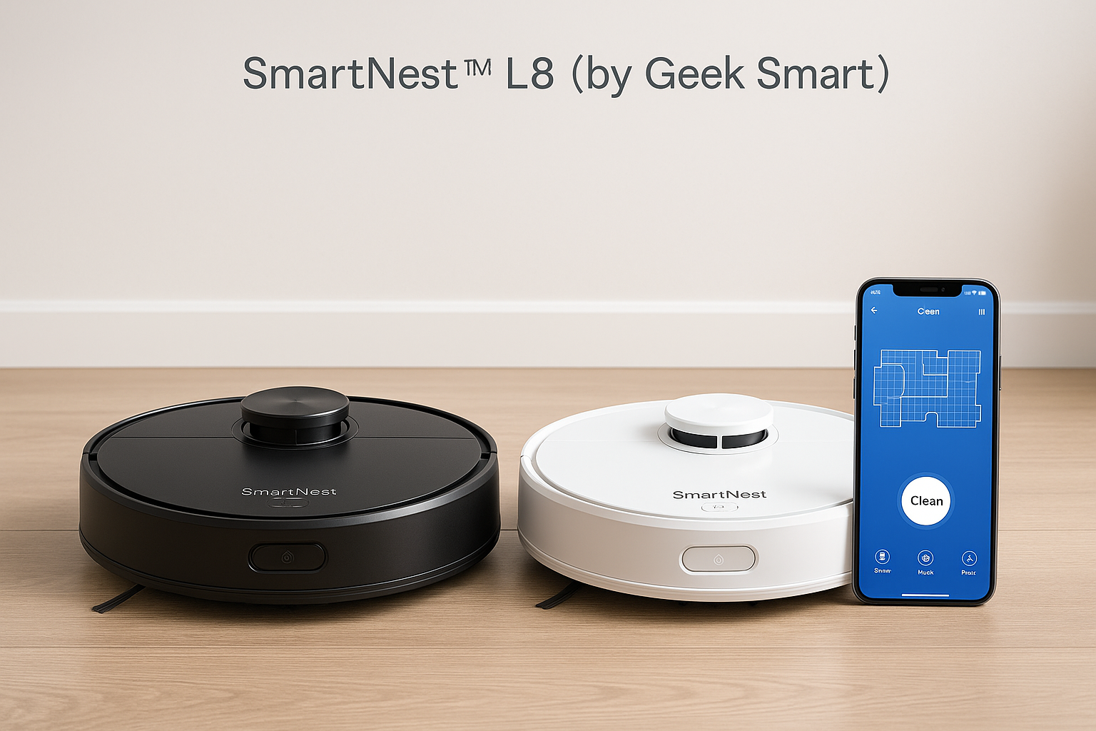 SmartNest L8 robot vacuum with mobile app showing cleaning map and controls — smart home vacuum Canada
