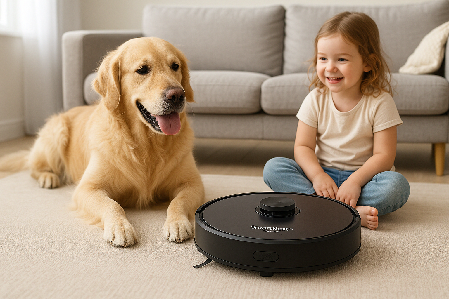 Pet-friendly SmartNest L8 robot vacuum cleaning near dog in modern Canadian living room
