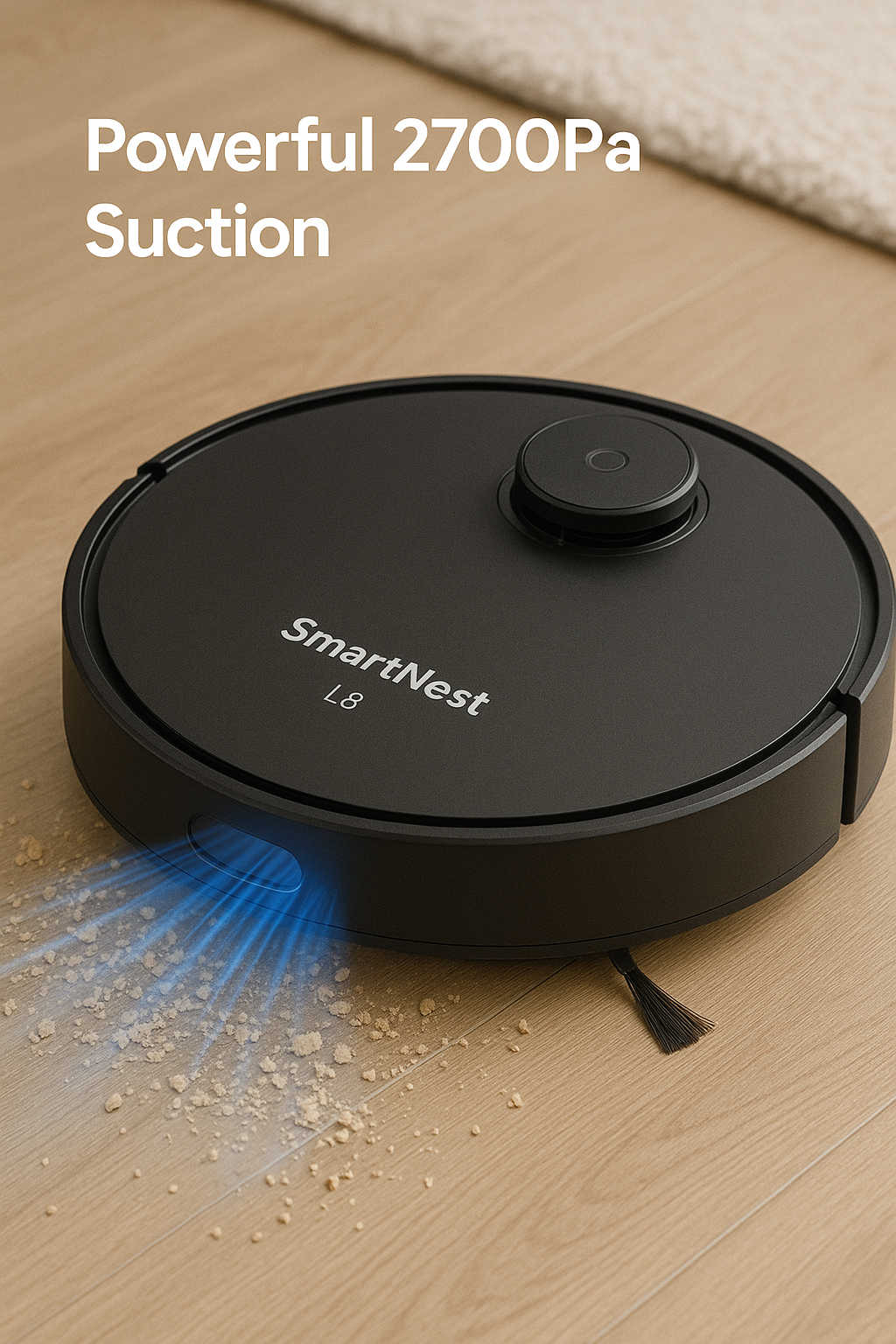 SmartNest L8 robot vacuum demonstrating powerful suction on hardwood floor in Canada
