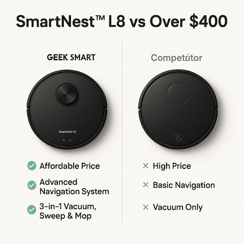 Comparison SmartNest L8 vs $400 competitor — smart robot vacuum Canada better value.
