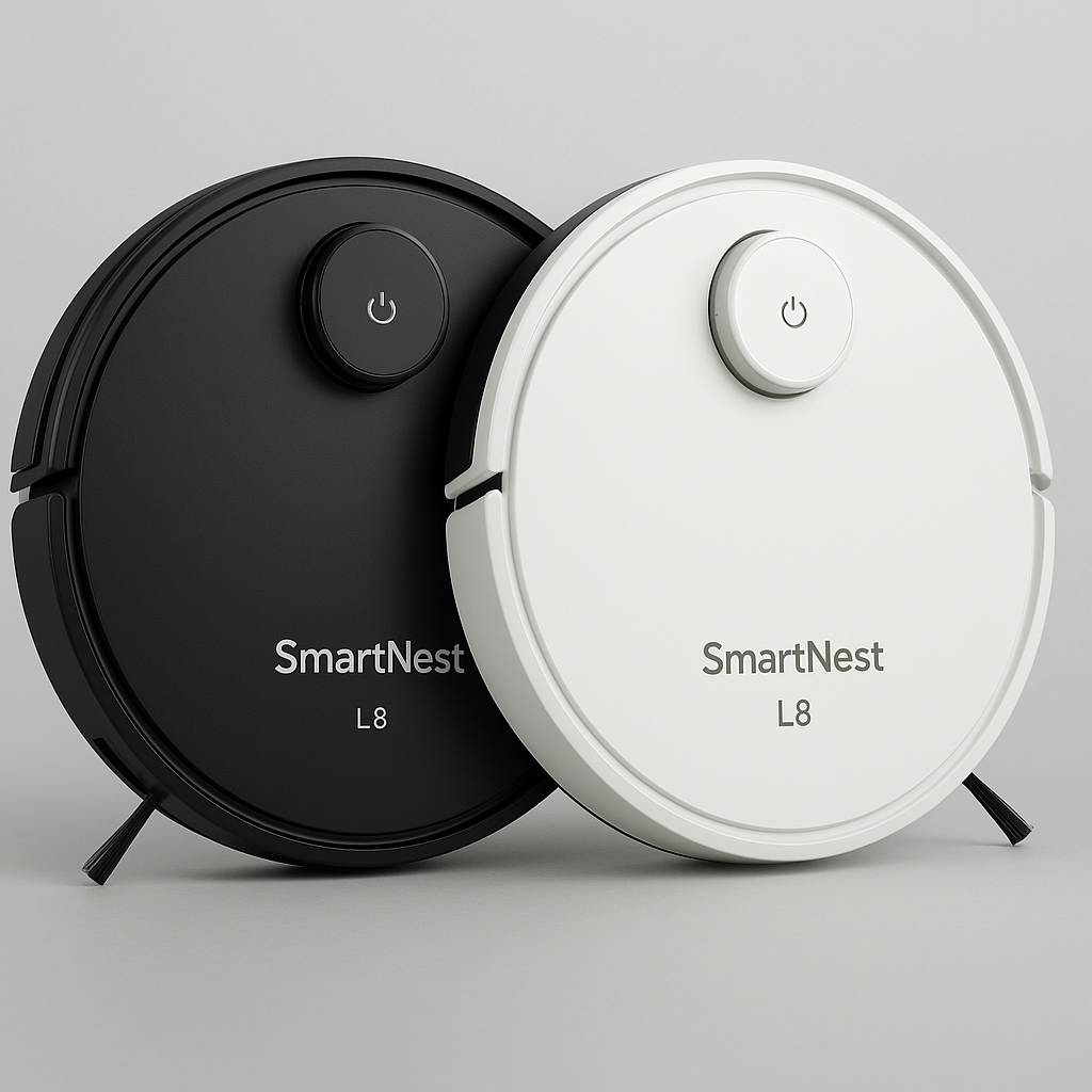 SmartNest L8 (by Geek Smart) robot vacuum and mop in black and white variants — smart robot vacuum Canada.
