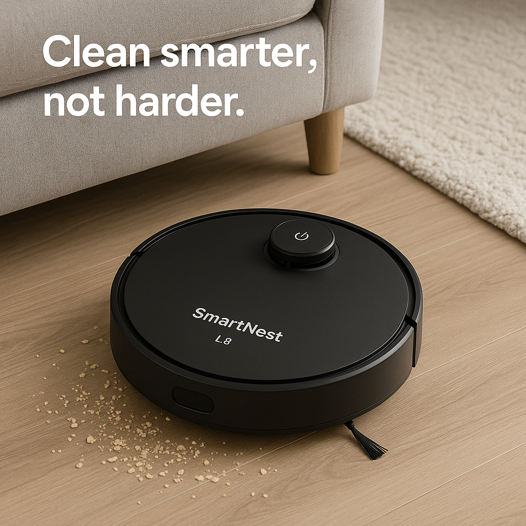 SmartNest L8 robot vacuum and mop showing water cleaning function for tile floors
